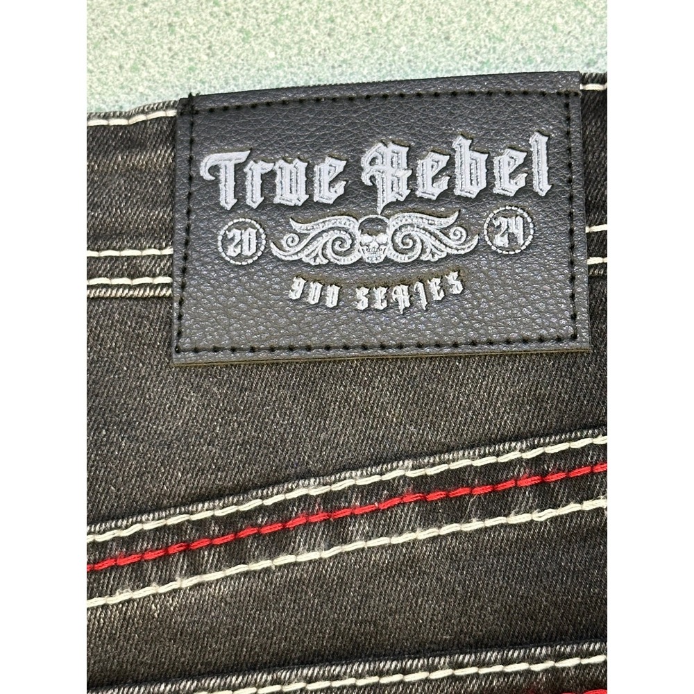 True Rebel 900 Series Lando Black Slim Fit Jeans Red White Stitch 36x30 808 NEW - Picture 5 of 10